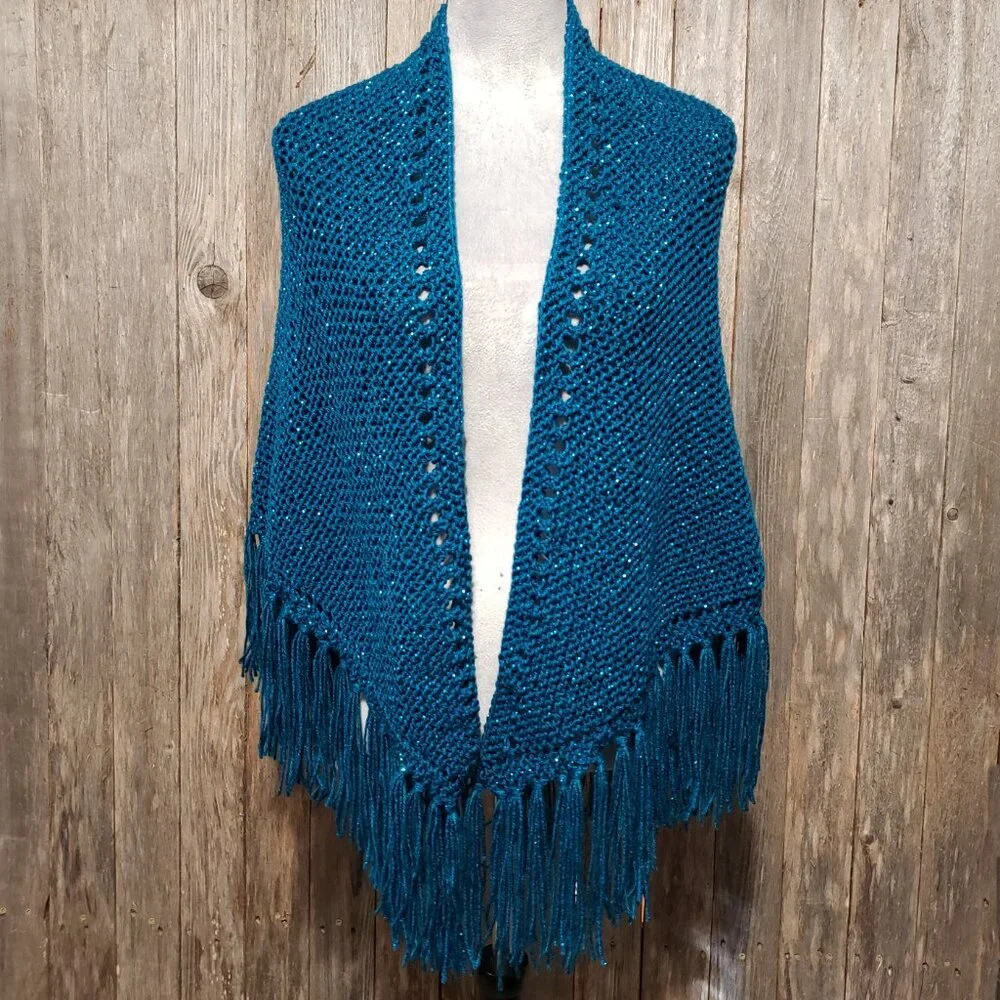 NEW Metallic Hand Knit Shawl‎ Wrap Scarf Boho Hippie Glam Artsy Indie Teal Blue